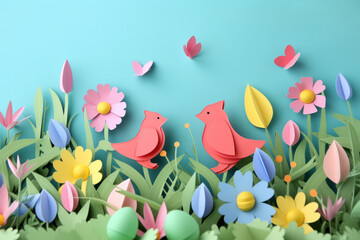 Paper cut easter background with flowers and birds.