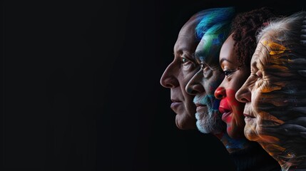 Human face made from portrait of different people of diverse age, gender and race over black background. Concept of social equality, human rights, freedom, diversity, acceptance