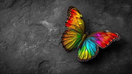 A butterfly colored in all the colors of the rainbow, vibgyor wings and very attractive, placed on a black and white, monochrome background with copy space