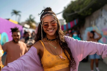 A vibrant and stylish woman joyfully dances at a colorful carnival, her purple headband and sunglasses adding a touch of playful fashion to her smiling face - obrazy, fototapety, plakaty