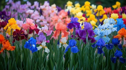 A field of irises displaying a spectrum of colors