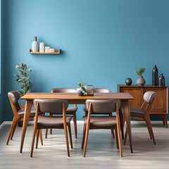 Mid-century style interior design of modern dining room with a wooden table and chairs against blue wall , Cupboard and vases and a shelf hanging on a wall