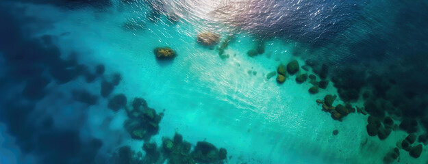Aerial View of a Coral Reef in Crystal Clear Waters. Top down view of the ocean, with ripples of sunlight. Panorama with copy space.