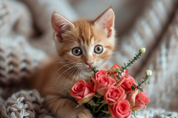 kitten is holding a red rose