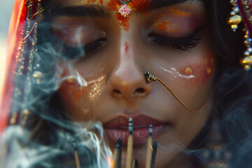 close up of Indian woman praying