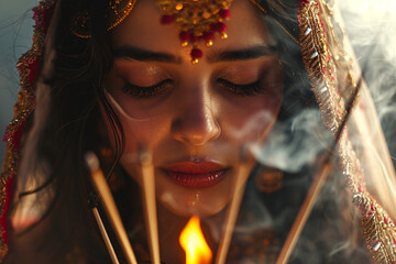 close up of Indian woman praying