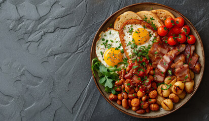 Top view the full English breakfast with bacon, sausage, eggs, toast, grilled tomatoes, and beans, on a dark background with space for text