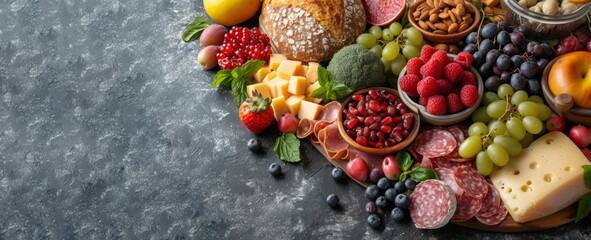 A banner with a continental breakfast - colorful assortment of fruits, berries, cheeses, cold cuts and bread on concrete background with space for text