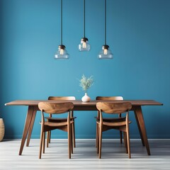 Fototapeta na wymiar Mid-century style interior design of modern dining room with a wooden table and chairs against blue wall 
