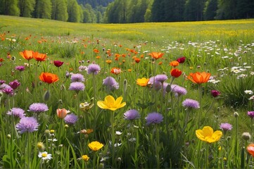 Obraz premium Beautiful view of a flower meadow in spring against blue sky