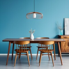 Mid-century style interior design of modern dining room with a wooden table and chairs against blue wall , Cupboard and vases