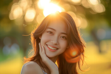 Portrait of a radiant young woman with a warm smile, bathed in golden sunlight.