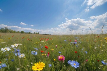 Obraz premium Beautiful view of a flower meadow in spring against blue sky