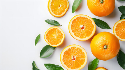 Fresh Citrus Oranges and Slices with Leaves on White Background