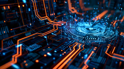 Futuristic Circuit Board Technology with Glowing Blue and Orange Lights
