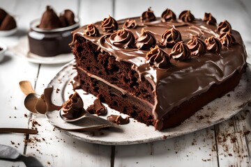 Close Up Indulgent Chocolate Cake on White Wooden Table Vertical