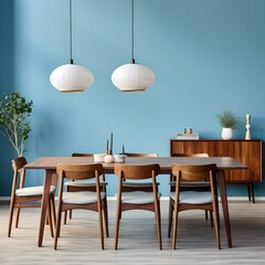 Mid-century style interior design of modern dining room with a wooden table and chairs against blue wall , Cupboard and vases 