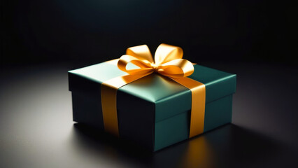 One beautiful green gift box with gold ribbon on a dark background.