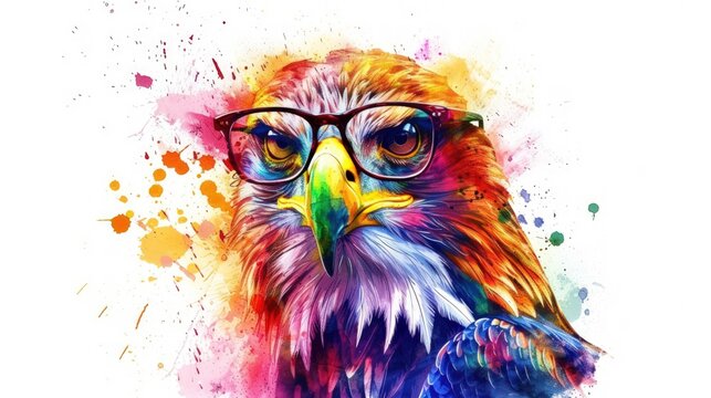 Abstract paint splash painting colorful colored eagle with eyeglasses