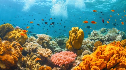 A vibrant coral reef teeming with marine life stock photo