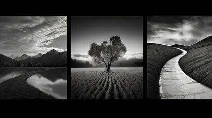 A triptych of black and white natural landscapes showcasing the magnificence of mountains reflected in water, the silhouette of a tree against a foggy sky, and the sinuous shape of a sand dune. Concep