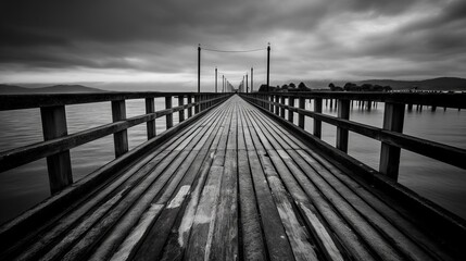 black and white photo of a long wooden pier against the backdrop of a pond, concept: wooden bridge,...