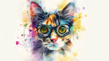 Abstract paint splash painting colorful colored cat with eyeglasses