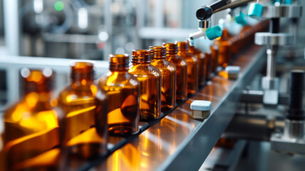 Automated Pharmaceutical Production Line with Amber Glass Bottles"