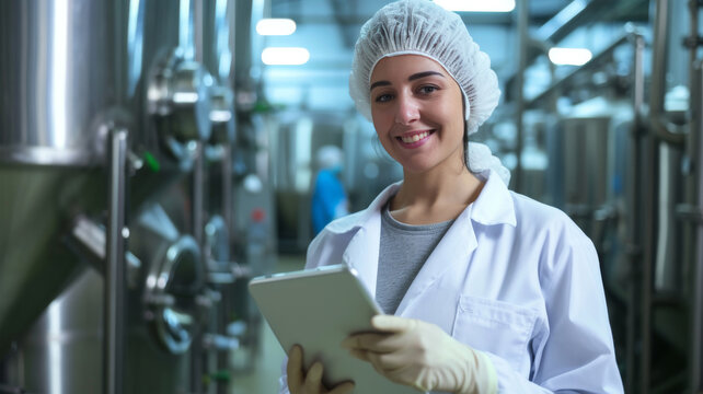 Female Food Technician with Digital Tablet in Industrial Facility