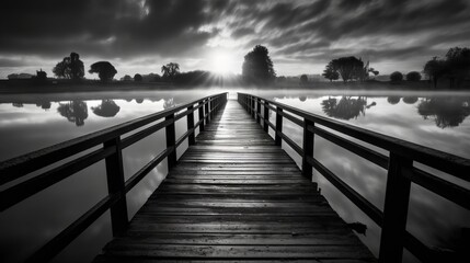 black and white photo of a long wooden pier against the backdrop of a pond, concept: wooden bridge,...