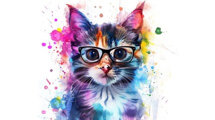Abstract paint splash painting colorful colored cat with eyeglasses