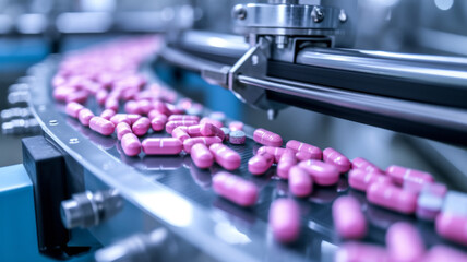 Obraz na płótnie Canvas Pharmaceutical Manufacturing Line with Pink Capsules