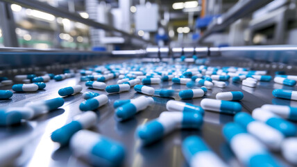 Fototapeta premium Blue and White Capsules on Pharmaceutical Production Conveyor Belt