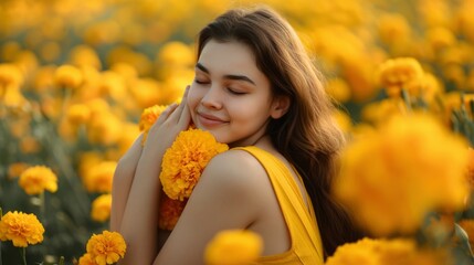Naklejka premium Beautiful Teenage girl embracing in golden marigold flowers, in yellow dress