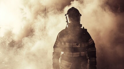 Portrait of a firefighter in the smoke of a fire station - obrazy, fototapety, plakaty