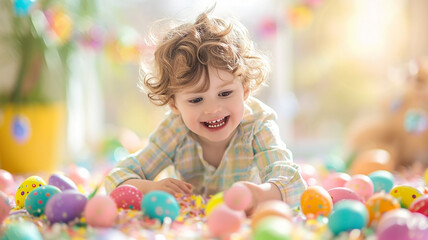 A little cute baby girl is playing with colorful Easter eggs in a cozy home environment