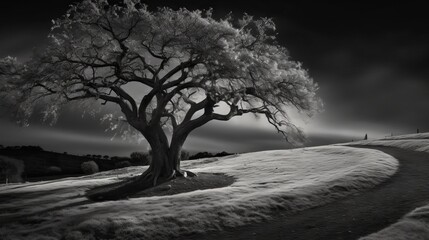 An intriguing black and white photograph of a tree on a curved road under the light of the moon, with the figure of a man in the distance.