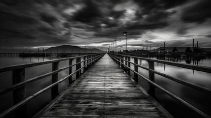 black and white photo of a long wooden pier against the backdrop of a pond, concept: wooden bridge, pier, pond lake