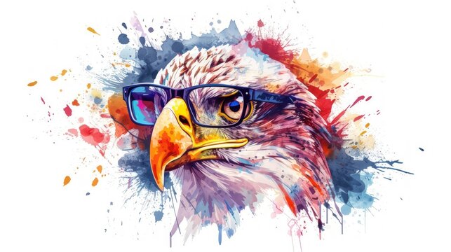 Abstract paint splash painting colorful colored eagle with eyeglasses