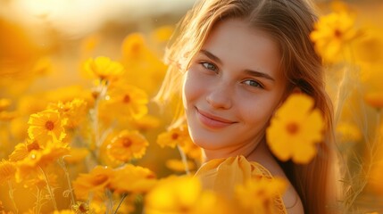 Naklejka premium Beautiful Teenage girl embracing in golden marigold flowers, in yellow dress