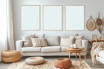 Fototapeta na wymiar Three Frame mockup, Cozy bohemian living room featuring a white sectional sofa, textured pillows, pampas grass decor, and empty picture frames.