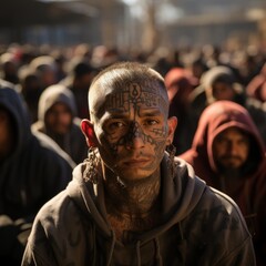 a man with a Latin American gang with tattoos on his face and body in ethnic style, concept: criminal tattoos, Latin and Mexican gangs