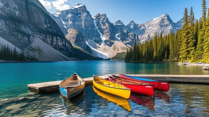 Canoes on a jetty at Moraine lake, Ban ff national park in the Rocky Mountains