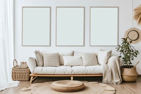 Three Frame mockup, Cozy bohemian living room featuring a white sectional sofa, textured pillows, pampas grass decor, and empty picture frames.