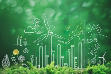 Drawings of wind turbines and graphs on a background