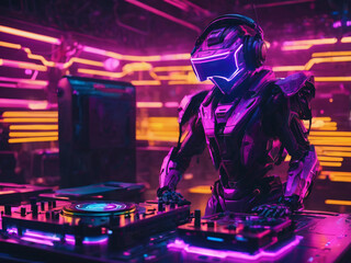 Fototapeta na wymiar futuristic robot DJ, cyber punk - generated by ai