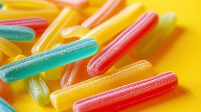 Close up of colorful sticks of multicolored candy lollies on yellow background, macro view, stock photo