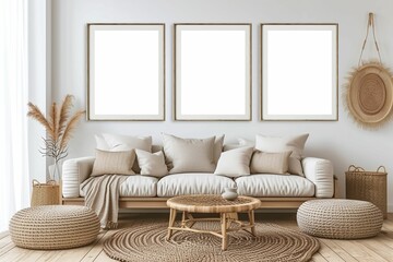 Three Frame mockup, Cozy bohemian living room featuring a white sectional sofa, textured pillows, pampas grass decor, and empty picture frames.