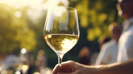 Hand holding a glass of white wine at an outdoor social event, with a blurred background of guests and greenery.