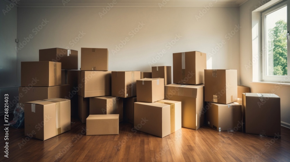 Poster many stacked cardboard moving boxes in a spacious empty room with sunlight streaming through a windo